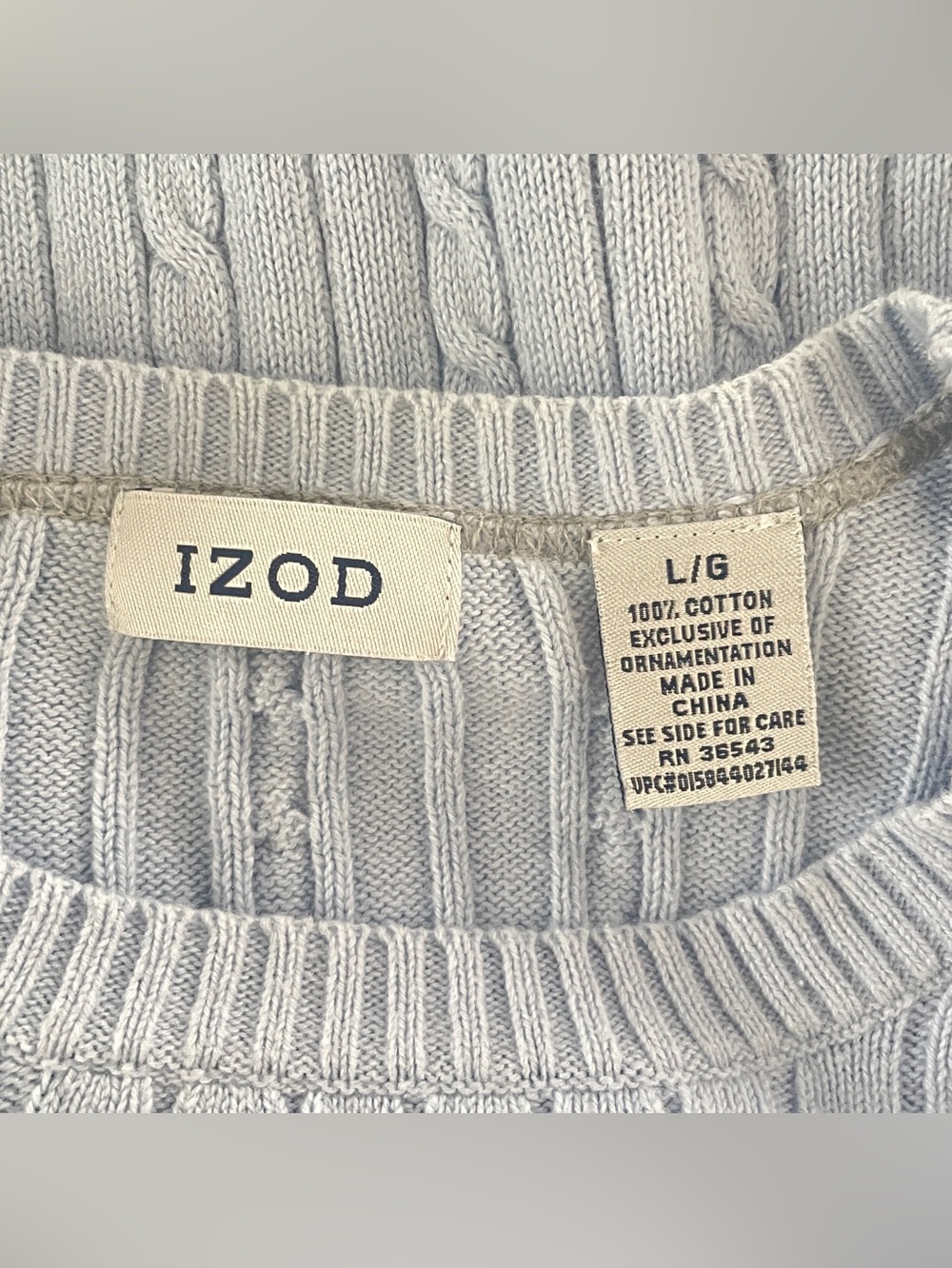 IZOD Light Blue Cable Knit Cotton Crewneck Sweater Preppy Coastal Grandmother - Picture 4 of 6